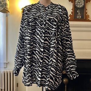 Calvin Klein Black and White Zebra Print Button Down Linen Shirt